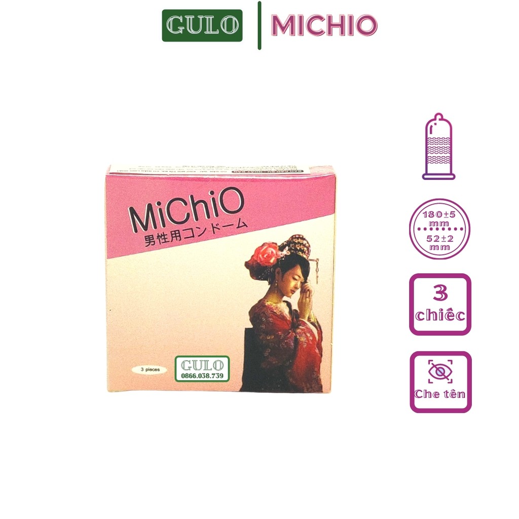Bao Cao Su Siêu Mỏng Michio có Gân bao quanh thân, size nhỏ 49 mmm - Hộp 3 chiếc