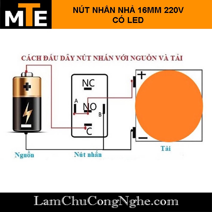 Nút nhấn nhả chống nước có led 16mm 220V