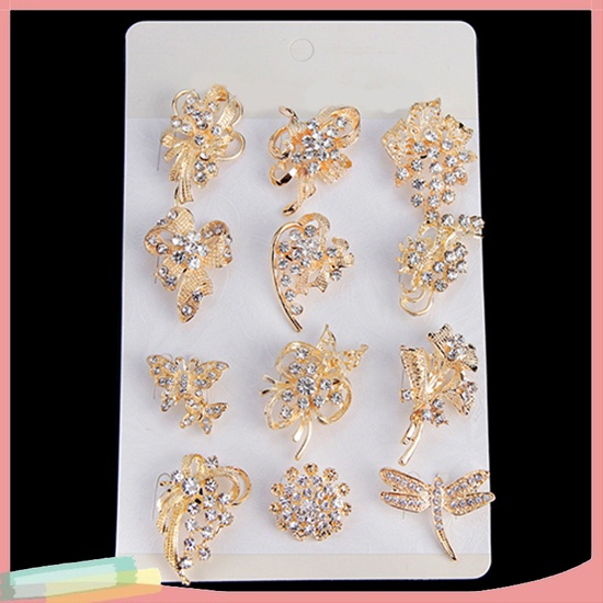 Bộ 12 Ghim Cài Áo Họa Tiết Hoa Và Bướm Đính Đá Nhân Tạo Thời Trang Cho Nữ