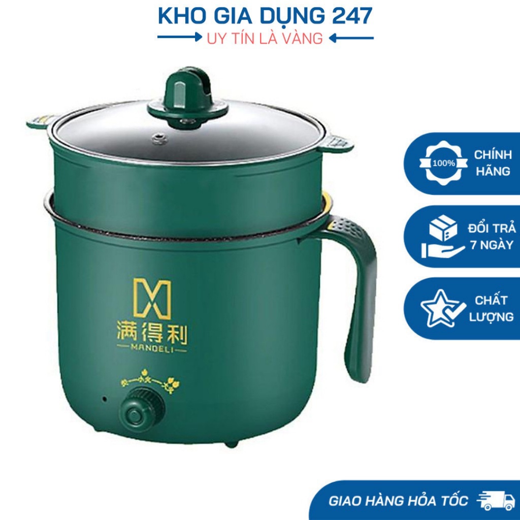 Nồi Lẩu Điện Mini, Ca Nấu Mì Đa Năng Chống Dính - Nồi Lẩu Mini 2 Tầng Kèm Giá Hấp Đa Năng Nướng, Luộc, Chiên Chống Dính