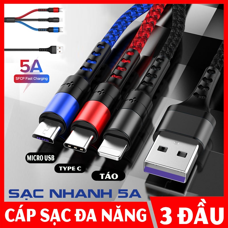 Dây Cáp Sạc Nhanh 5A 3 Đầu Sạc Đa Năng, Bện Dù Siêu Bền Chống Xoắn Gãy Gập type c micro usb IP