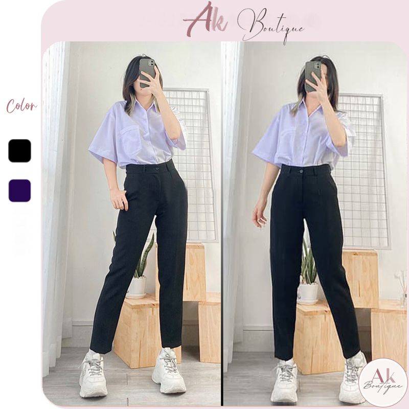 Quần tây baggy đi học nữ màu xanh đen cạp lưng cao có đỉa ống đứng vải dày đáy cao phối áo sơ mi học sinh cấp 3 2 đi học