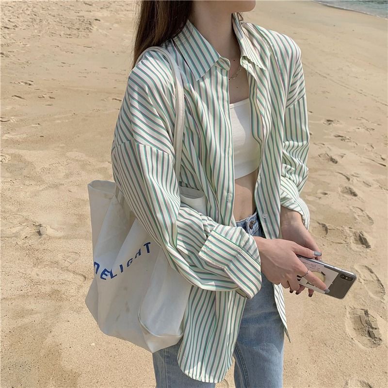 Áo sơ mi dài tay chống nắng kẻ sọc thời trang hè phong cách retro