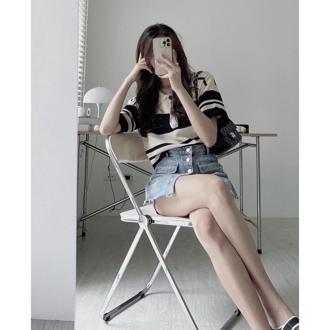 [SẴN/VIDEO] ÁO LEN KẺ SỌC CỔ ĐỨC CỘC TAY HÌNH BÒ SỮA HÀNG QUẢNG CHÂU LOẠI 1