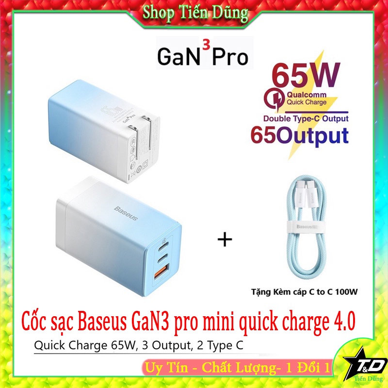 Bộ Củ Sạc Baseus 65W GaN3 Pro cho Sạc Nhanh 2 cổng Type-C + 1 cổng USB 65W CN với Cáp Dữ Liệu Type-C đến Type-C 100W