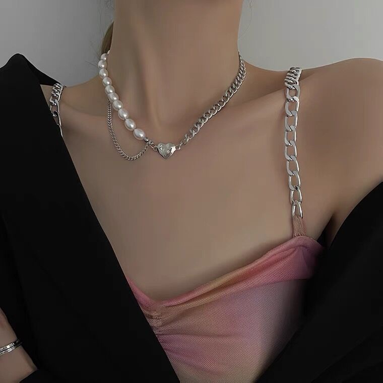 Vòng cổ Đính Ngọc Trai Hình Trái Tim Thời Trang Dành Cho Nữ