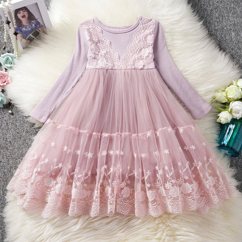 Đầm NNJXD dự tiệc tay áo dài phối ren hoa phong cách mùa thu cho bé gái