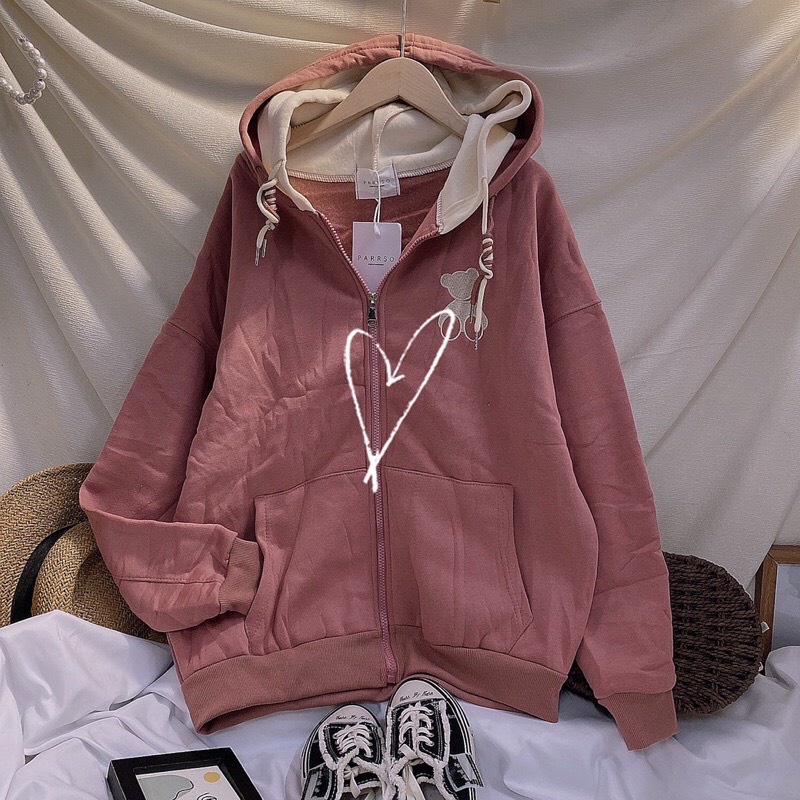 Áo Hoodie Nỉ Bông 2 NÓN THÊU GẤU Form Rộng FREE SIZE Unisex Ulzzang NUPAKACHI