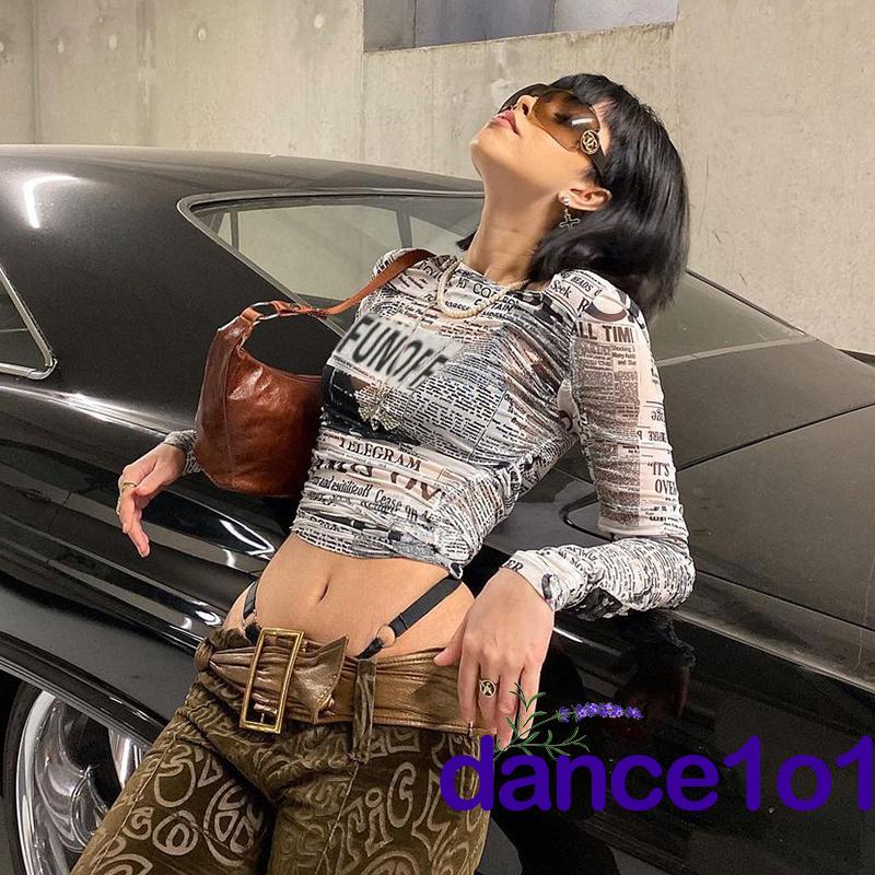 Áo thun dài tay cổ tròn xuyên thấu in họa tiết tờ báo phong cách gợi cảm cho nữ