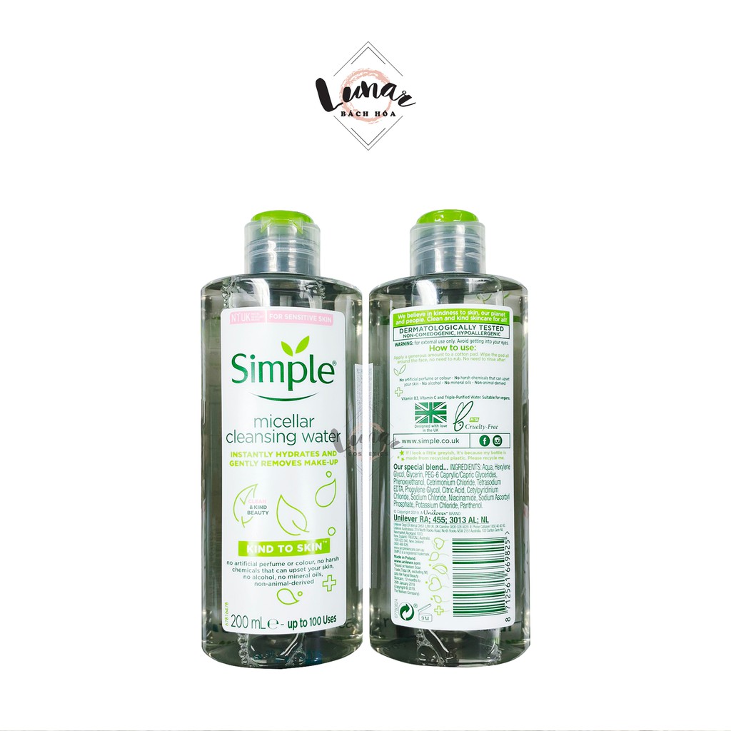 Nước Tẩy Trang Simple Dịu Nhẹ Dành Cho Da Nhạy Cảm 200ml