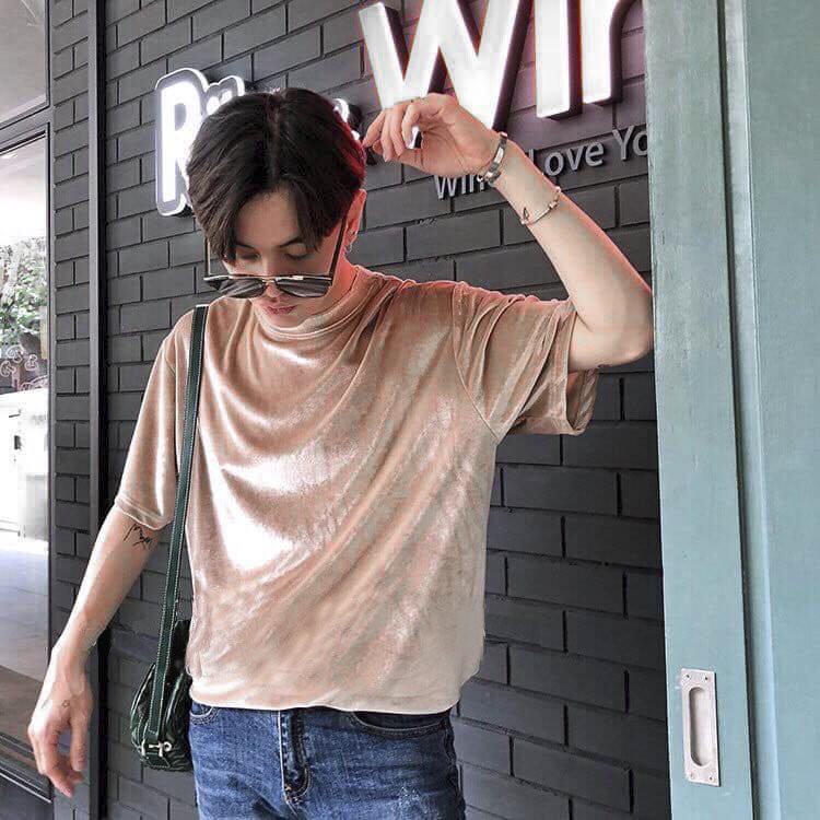 Áo thun nhung nam nữ form rộng unisex - Màu Be