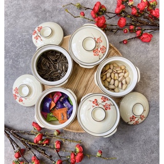 Khay đựng bánh kẹo tết, TẶNG KÈM KHAY GỖ bộ đựng bánh kẹo gốm sứ Bát tràng hàng cao cấp set hũ đựng mứt