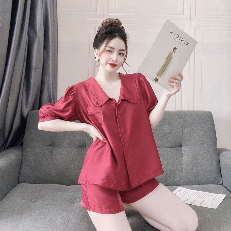 Đồ Ngủ Tiểu Tthư Tay Ngắn Cổ Thêu Chất Liệu Lụa Satin Cao Cấp Mềm Mịn Freesize 40-60kg - CN038 CINY | BigBuy360 - bigbuy360.vn