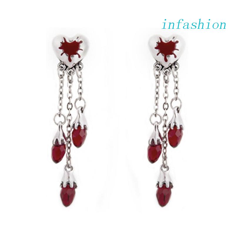 Khuyên Tai Tua Rua Dáng Dài Bằng Hợp Kim Hình Trái Tim Đính Đá Pha Lê Phong Cách Halloween