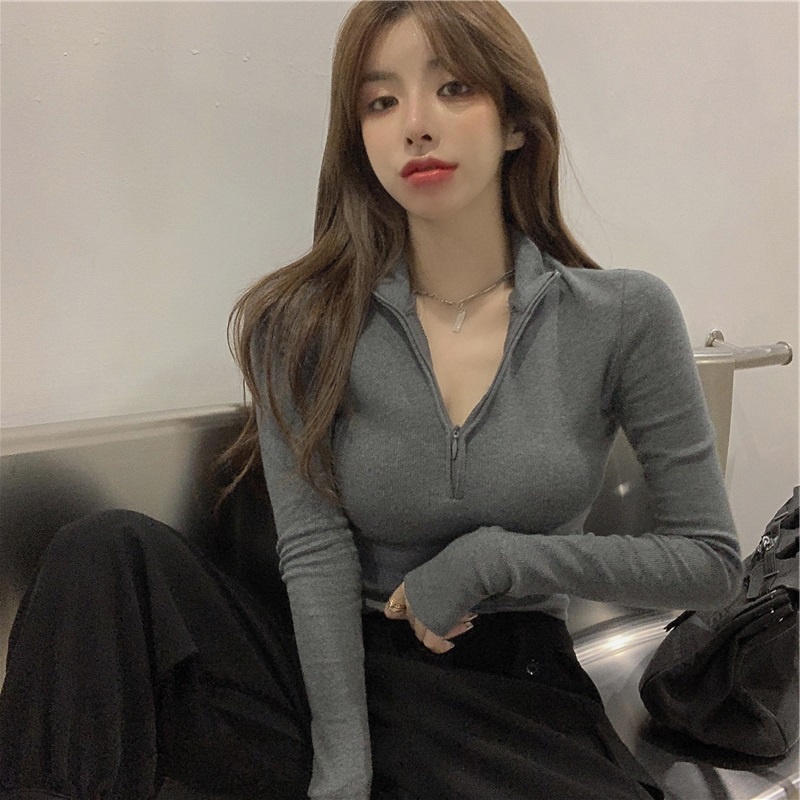 SUXI Áo Croptop Tay Dài Khoá Kéo Thiết Kế Mới Dành Cho Phái Nữ