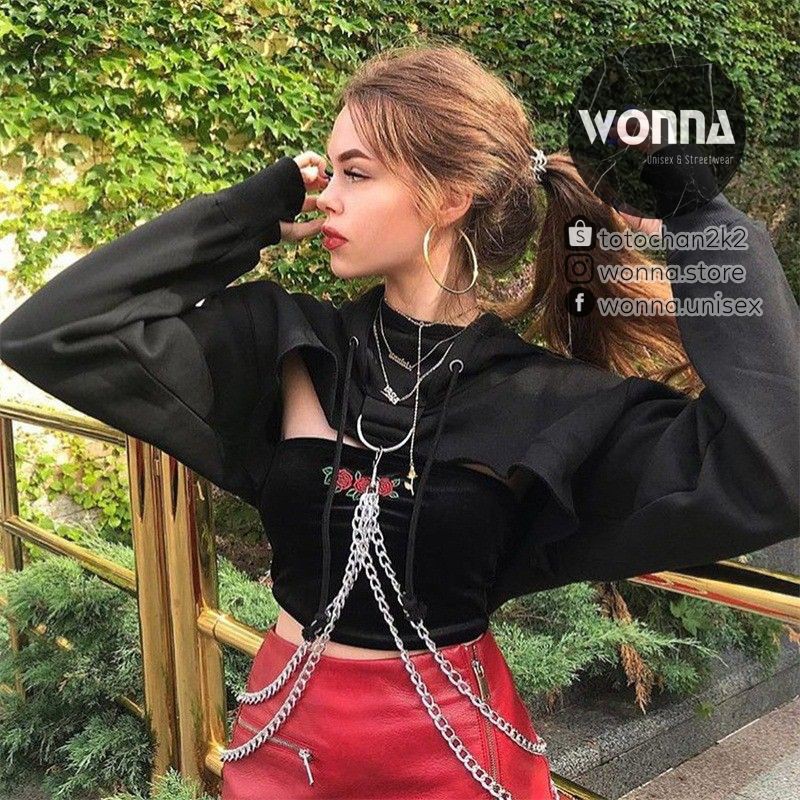 (ẢNH THẬT) Áo croptop hoodie kèm chain giống Lisa Blackpink unisex sexy