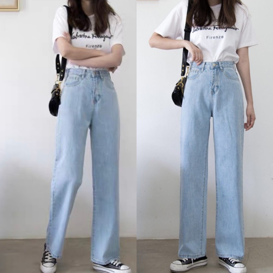 Quần jeans ống rộng cạp cao 2 túi mặt trước Ulzzang HeyBig,quần bò nữ ống rộng lưng cao vải jean dày đẹp,dáng suông-T12