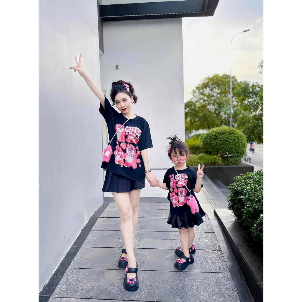 Áo thun gấu dâu ô vuông  cho mẹ và bé , áo phông gia đình trẻ em unisex , Kid_genz