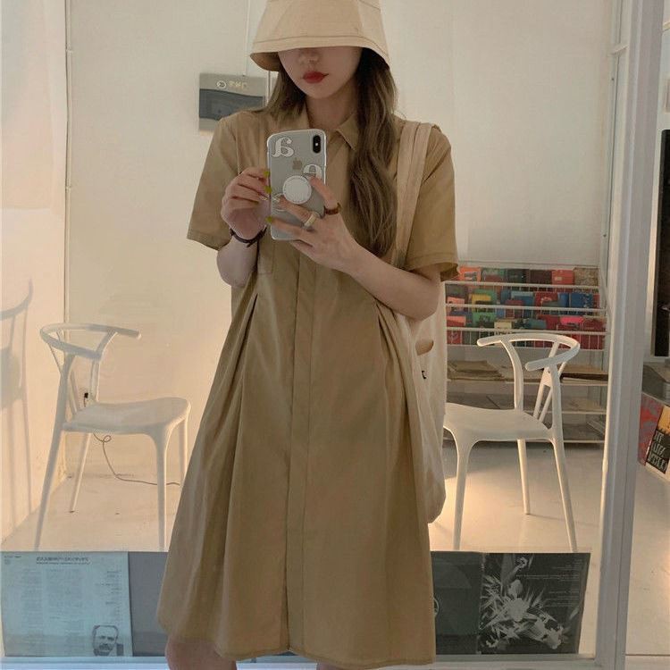 Đầm polo cổ sơ mi thô túi ngực xếp ly eo cộc tay ulzzang chất thô