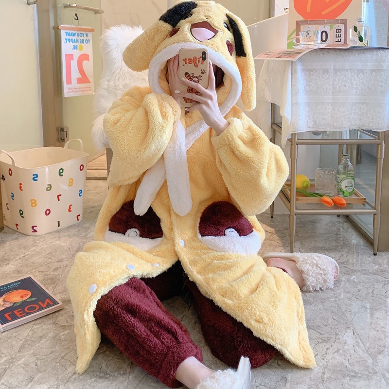 Áo Choàng Ngủ Dáng Dài Chất Nỉ Dày Dặn Phong Cách Hàn Quốc Dễ Thương Thời Trang Thu Đông Cho Nữ | BigBuy360 - bigbuy360.vn