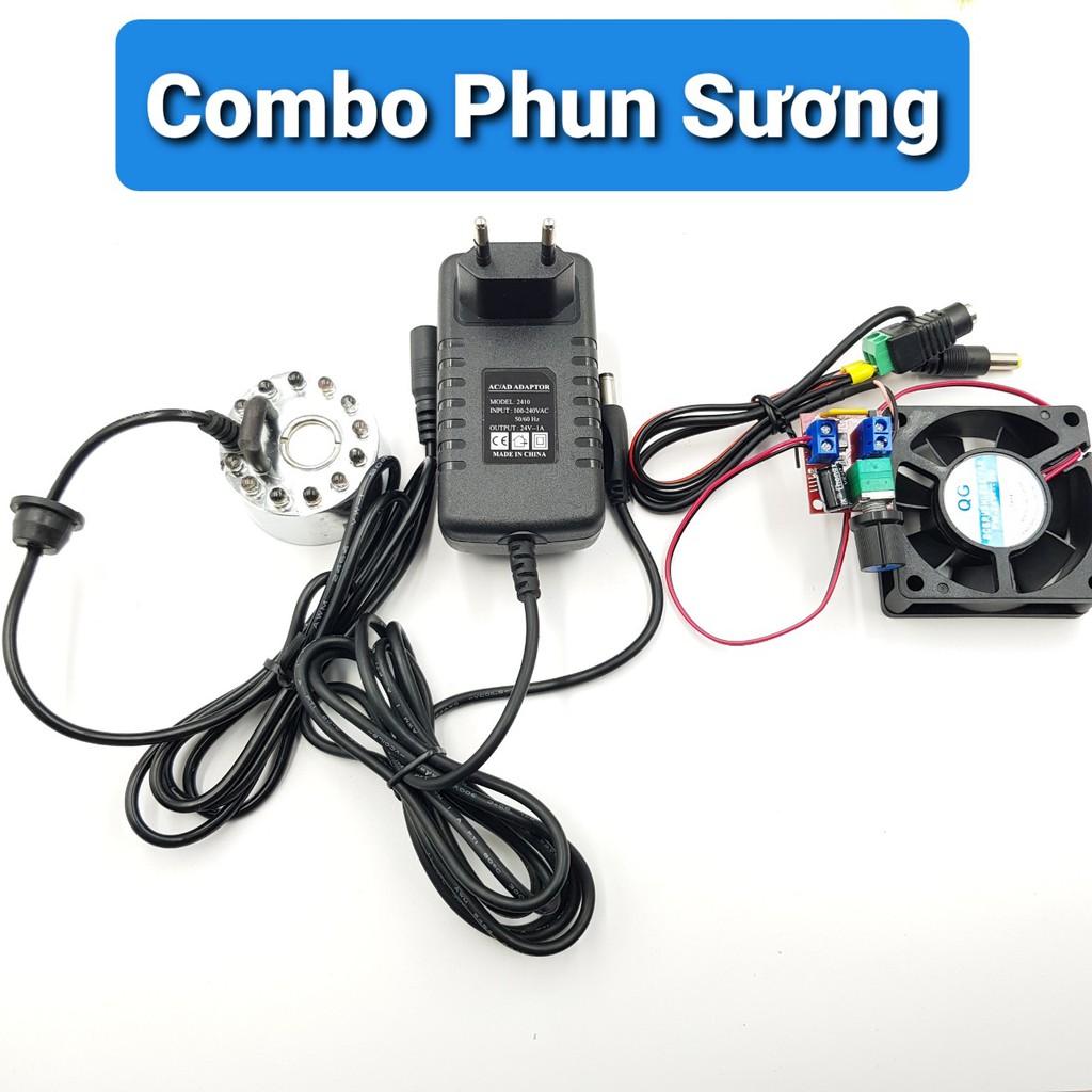 Combo Phun Sương Tạo Hơi Nước 12 LED 24V ( Phun sương+ Quạt + nguồn )Động Cơ Tạo Hơi NướcBộ Tạo Sương Siêu Âm