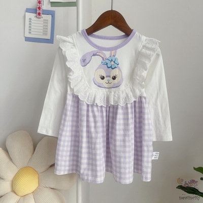 Đầm dài tay phối ren in hoạt hình thời trang Hàn Quốc cho bé gái