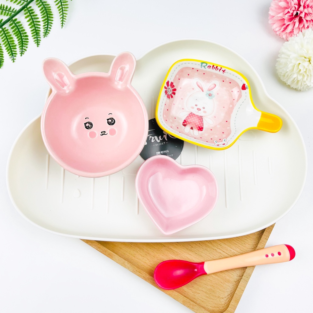 Set Bát Sứ Ăn Dặm Cho Bé Kiểu Nhật Đủ Màu, Combo Bát Ăn Dặm Gốm Sứ Gồm Khay Bát Thìa Báo Nóng Cao Cấp Babyducky