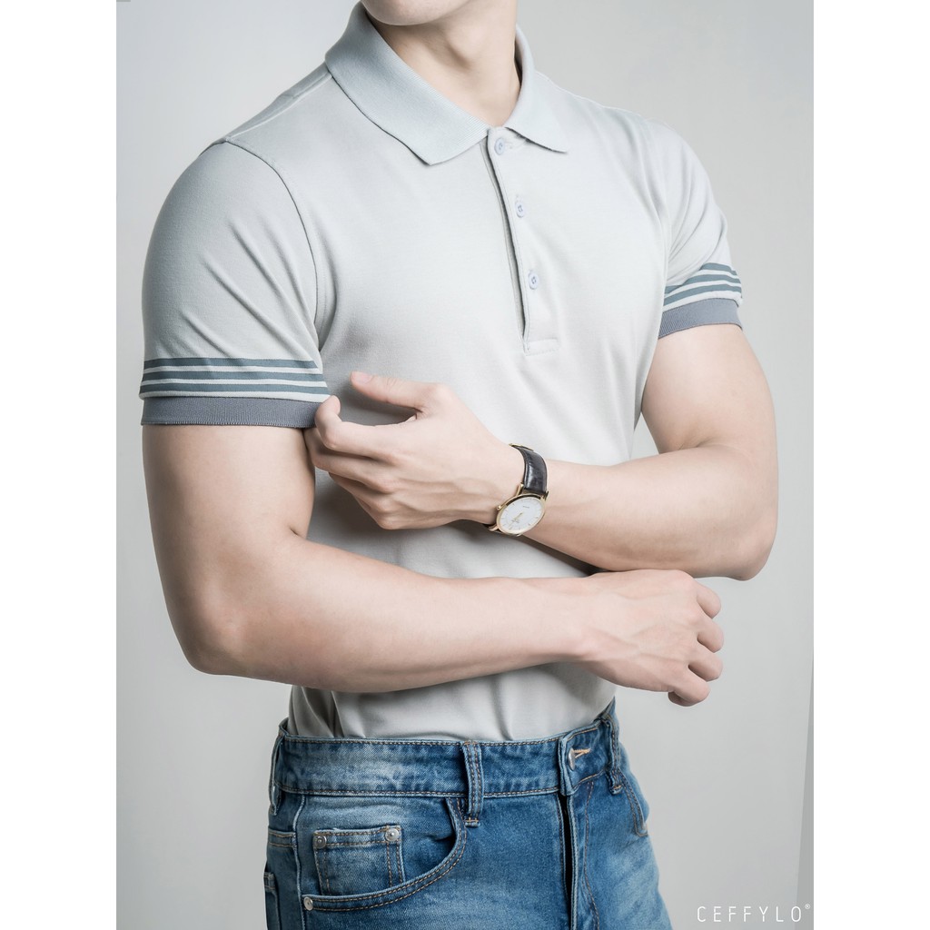 [Mã BMBAU50 giảm 7% tối đa 50K đơn 99K] Áo Polo Tay Phối Bo In Kẻ Xám Nhạt vải Cotton mềm mịn CEFFYLO