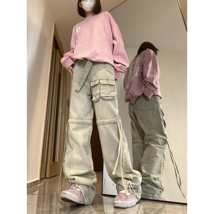 Quần Yếm Jean Dài Ống Rộng Dáng Suông Kiểu Đường Phố Mỹ Thời Trang Xuân Thu Cho Nữ