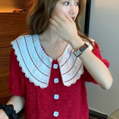 【ZHELIHANGFEI】Áo Sơ Mi Tay Phồng Ngắn Cổ Búp Bê Phối Ren Lưng Cao Dễ Thương