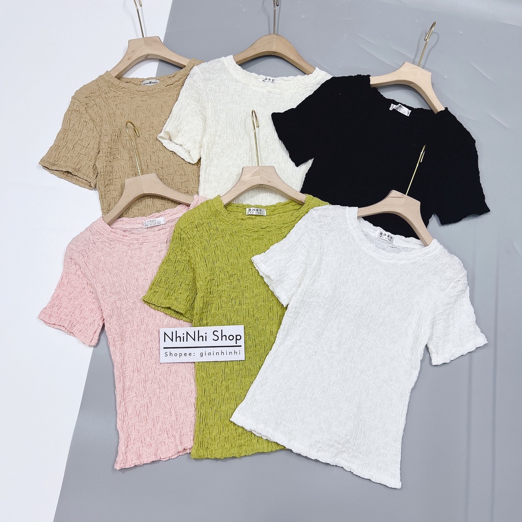 Áo thun kiểu vải xốp nhăn dáng ôm ngắn tay, Áo kiểu cổ tròn tay cộc AS501 - NhiNhi Shop