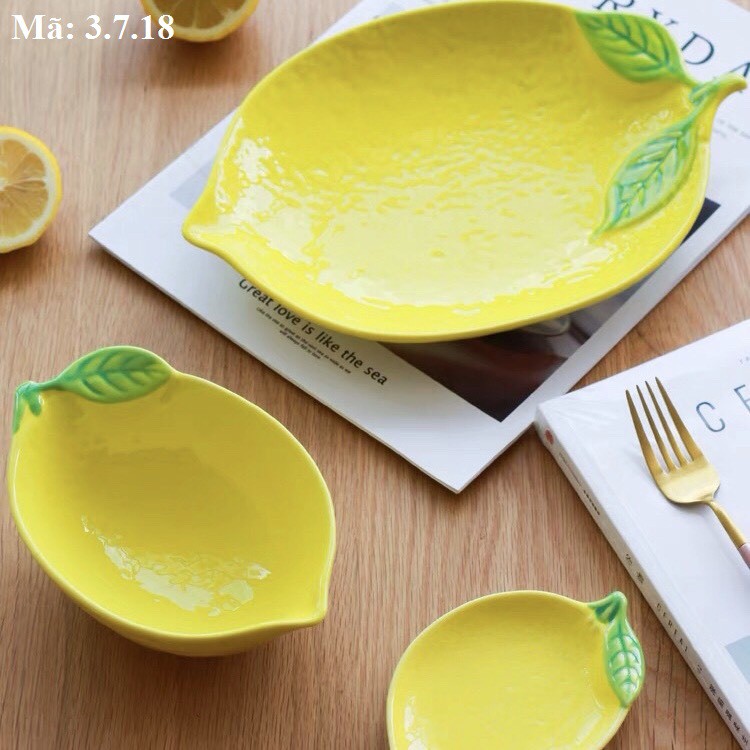 [VIDEO] Set đĩa/dĩa hình quả chanh tây vàng lá xanh kèm bát nhỏ xinh xắn, đĩa đựng thức ăn cute 3.7.18
