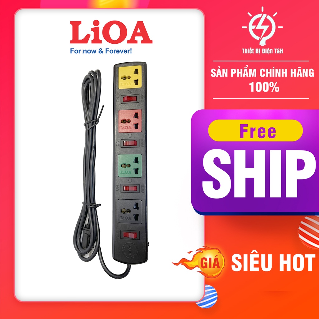 Ổ cắm điện đa năng LIOA, 2200W, 4 ổ cắm, 4 công tắc, dây dài 3M, 5M, 4DOF32N - 4DOF52N - Thiết Bị Điện T&amp;H