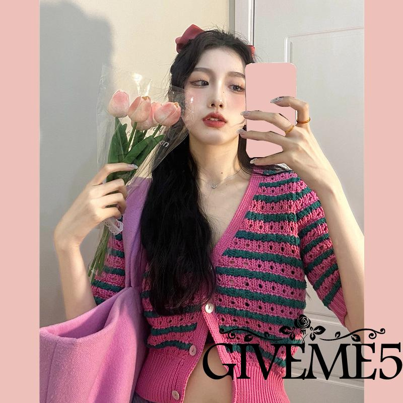 Áo Cardigan Tay Ngắn Cổ Chữ V Cài Nút Họa Tiết Kẻ Sọc Thanh Lịch Cho Nữ