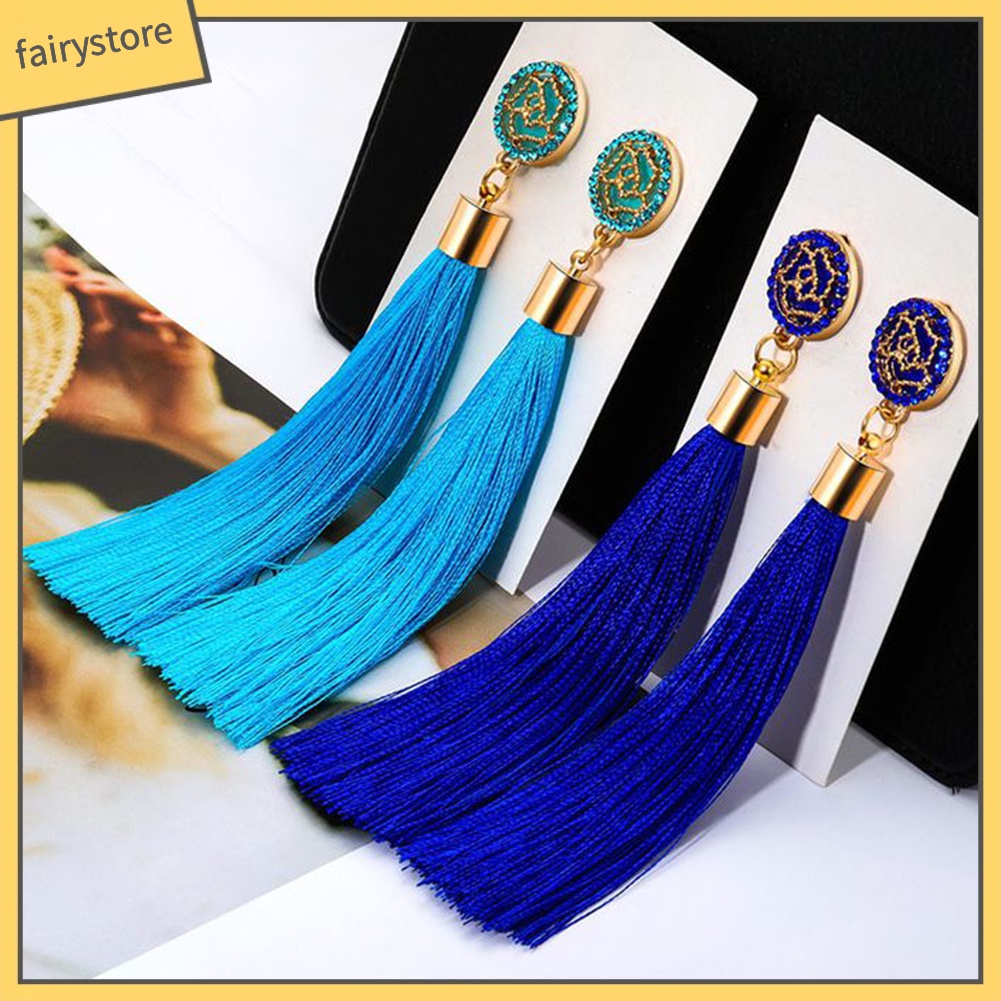 Khuyên Tai Dáng Dài Hình Hoa Hồng Phối Tua Rua Phong Cách Dân Tộc