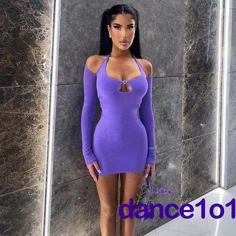 dance1o1-Women´s Long Sleeve Cutout Solid Color Halter Bodycon Mini Dress