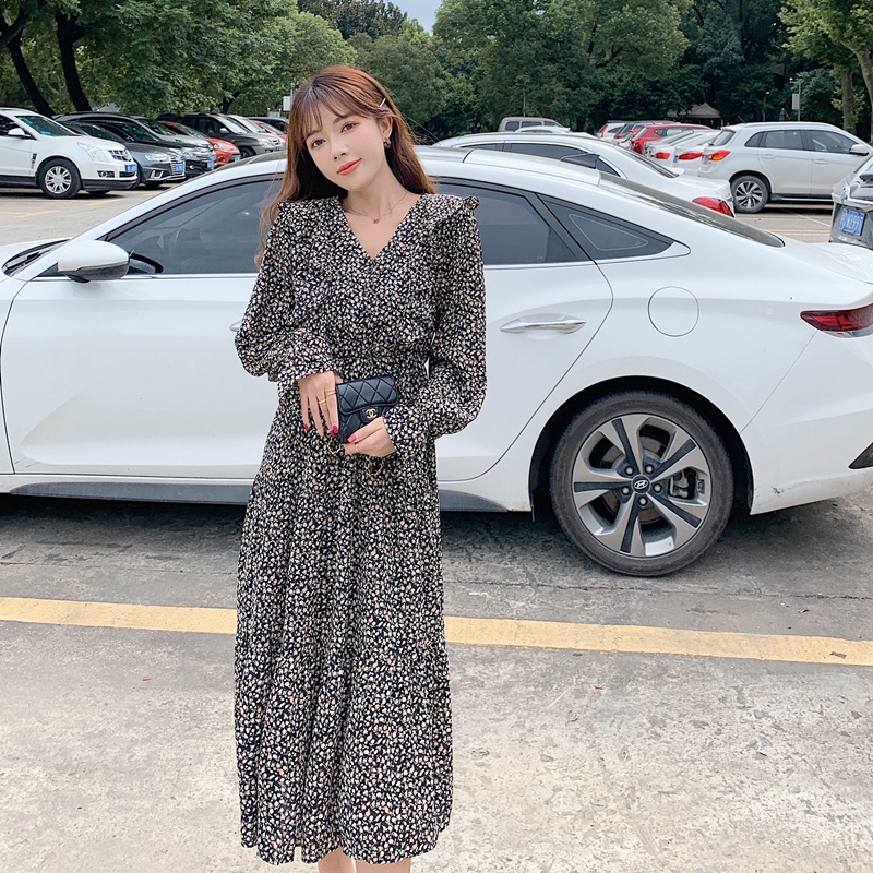 Đầm Maxi Chiffon cổ chữ V in hoa thời trang mùa thu thanh lịch