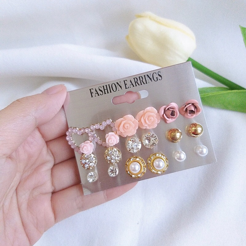 Set 9 Đôi Bông Tai Hoa Cao Cấp Dễ Thương Kiểu Hàn Quốc Khuyên Tai Nụ