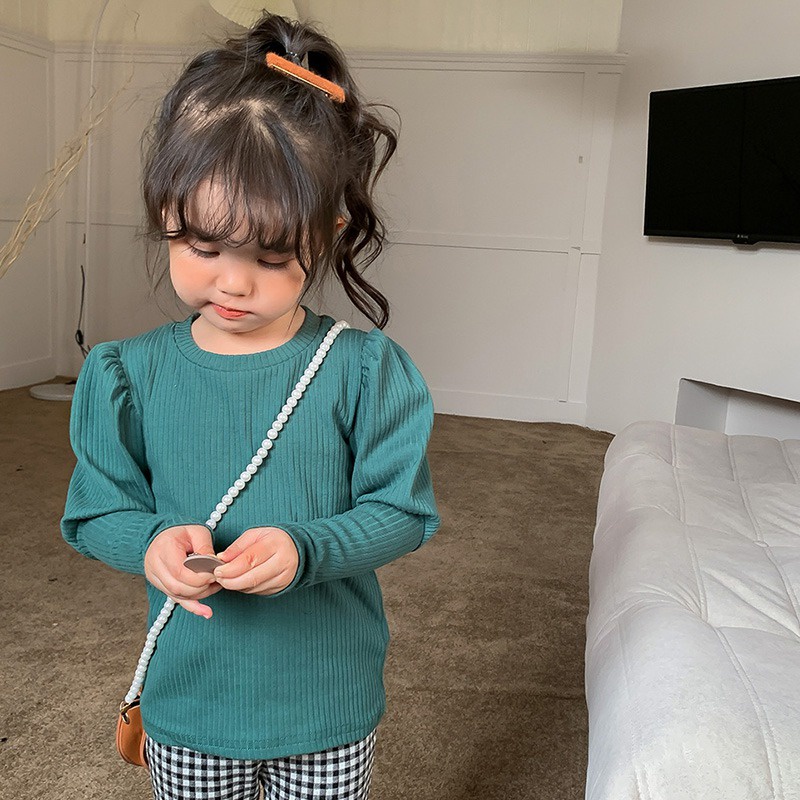 Áo Thun Cotton Tay Phồng Họa Tiết Sọc Thời Trang Mùa Thu Hàn Quốc Dành Cho Bé Gái