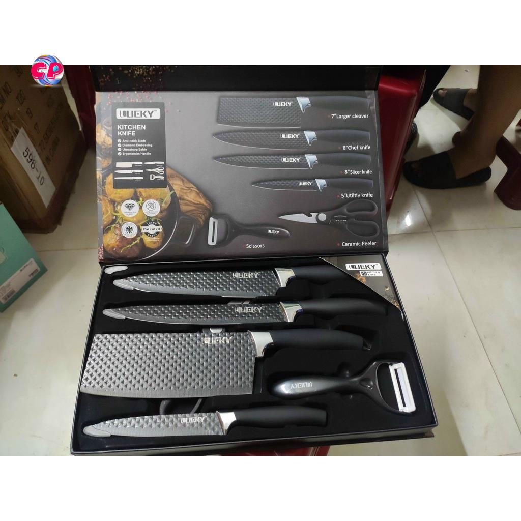Bộ Dao Kéo Nhà Bếp Lucky 6 Món Bằng Inox Hoa Văn Kim Cương Phủ Chống Dính Siêu Bền Hàng Cao Cấp