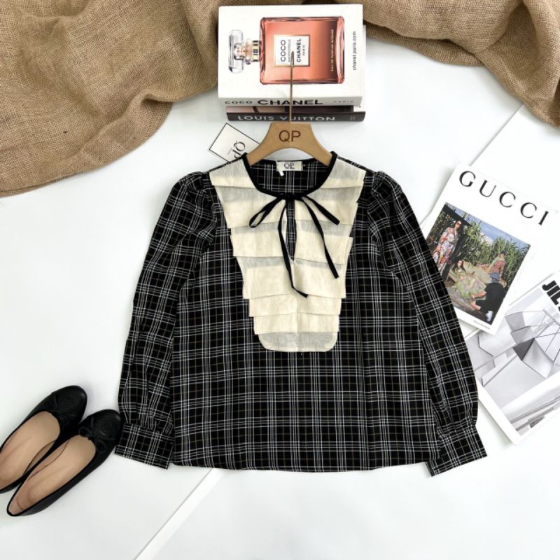 Áo sơmi kẻ bèo nơ ngực hàng L1