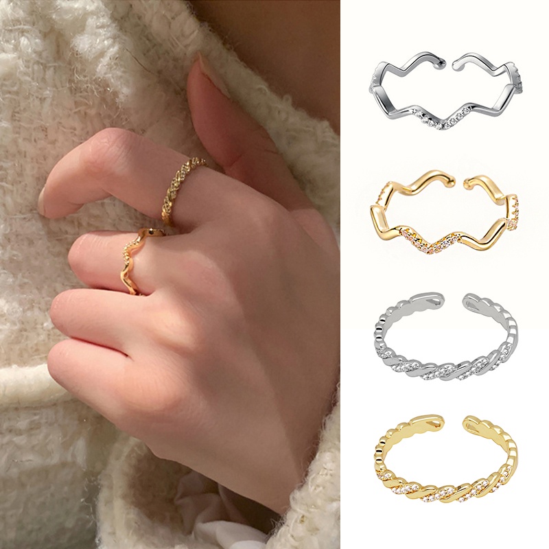 Thời trang Hàn Quốc Nhẫn kim cương sóng của phụ nữ Hai mảnh mở đầu Chất liệu kim loại có thể điều chỉnh