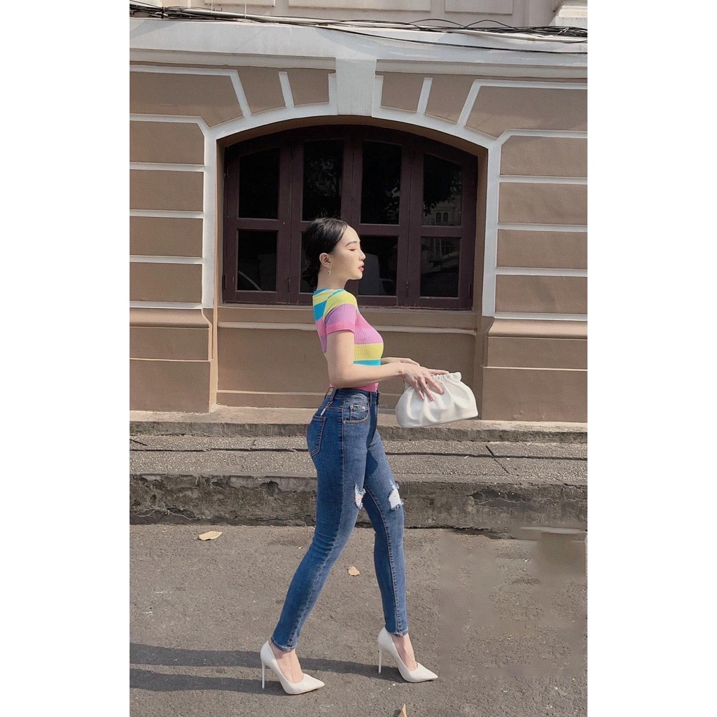 Quần jeans dài BigSize lưng cao, co dãn mạnh, màu xanh đậm rách kiểu 4257