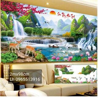 Tranh đính đá phong cảnh lưu thủy sinh tài tuyệt đẹp 160x70 rẻ vô địch