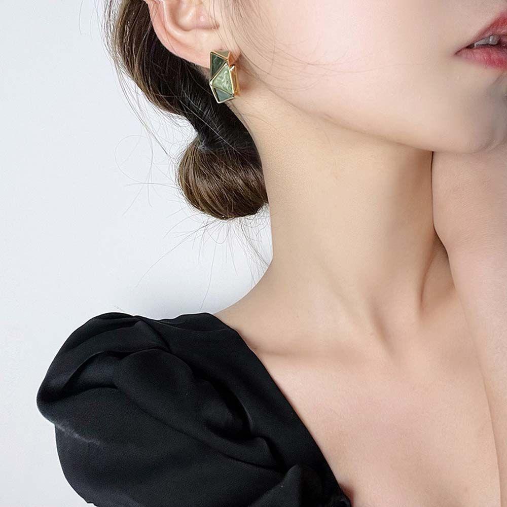 VANES1 Bông Tai Mạ Bạc 925 Hình Học Màu Xanh Lá Phong Cách Hàn Quốc Thời Trang Cho Nữ