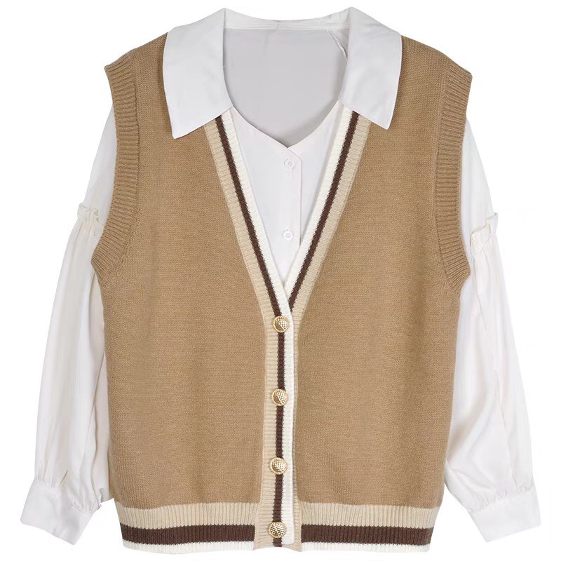 Áo gile, Áo gile len nữ màu nâu cài khuy viền sọc năng động ulzzang Hàn Quốc 2021 order Taobao