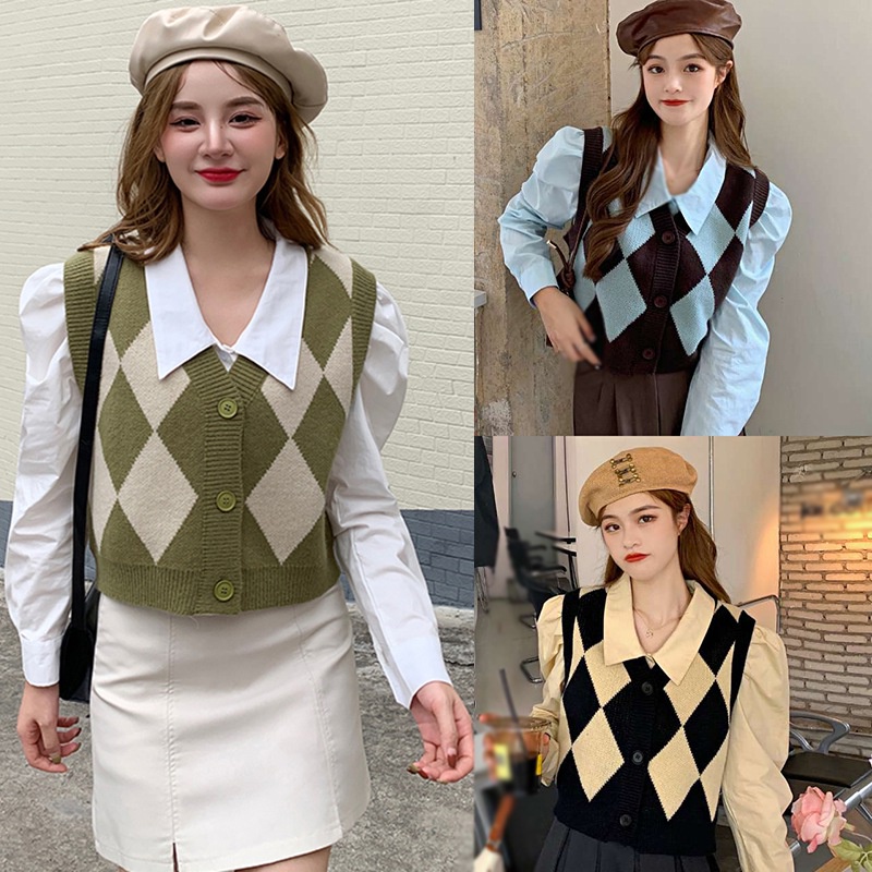 Áo len mùa thu Vest cho phụ nữ Không tay V Cổ lỏng Phù hợp với Vest dệt kim Phong cách Preppy