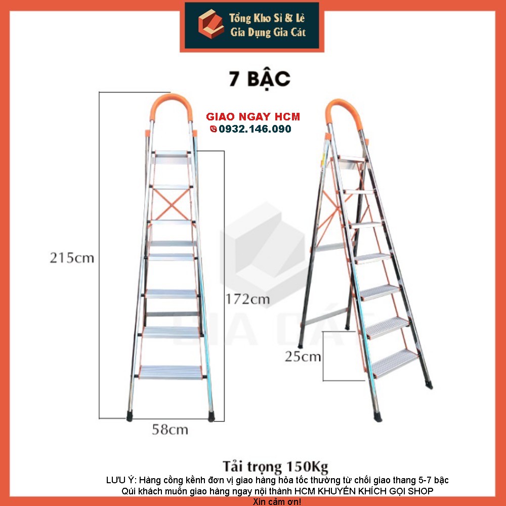 [ Rẻ Nhất Thị Trường] Thang nhôm ghế tay vịn khung inox 3,4,5,6,7 bậc chiều cao 0.7 đến 1.7m; Bảo Hành Chính Hãng 24T