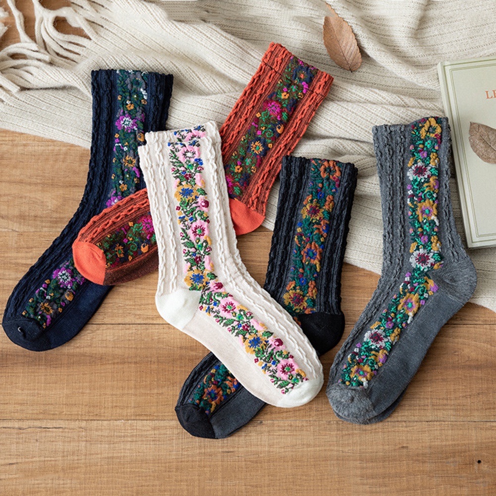 tất cotton giữ ấm họa tiết hoa cổ điển thời trang cho nữ