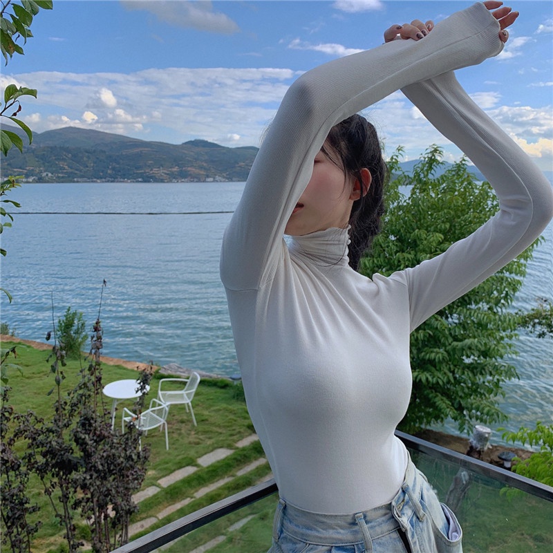 Áo Thun Cổ Cao Dáng Ôm Phong Cách Hàn Quốc Thời Trang Cho Nữ